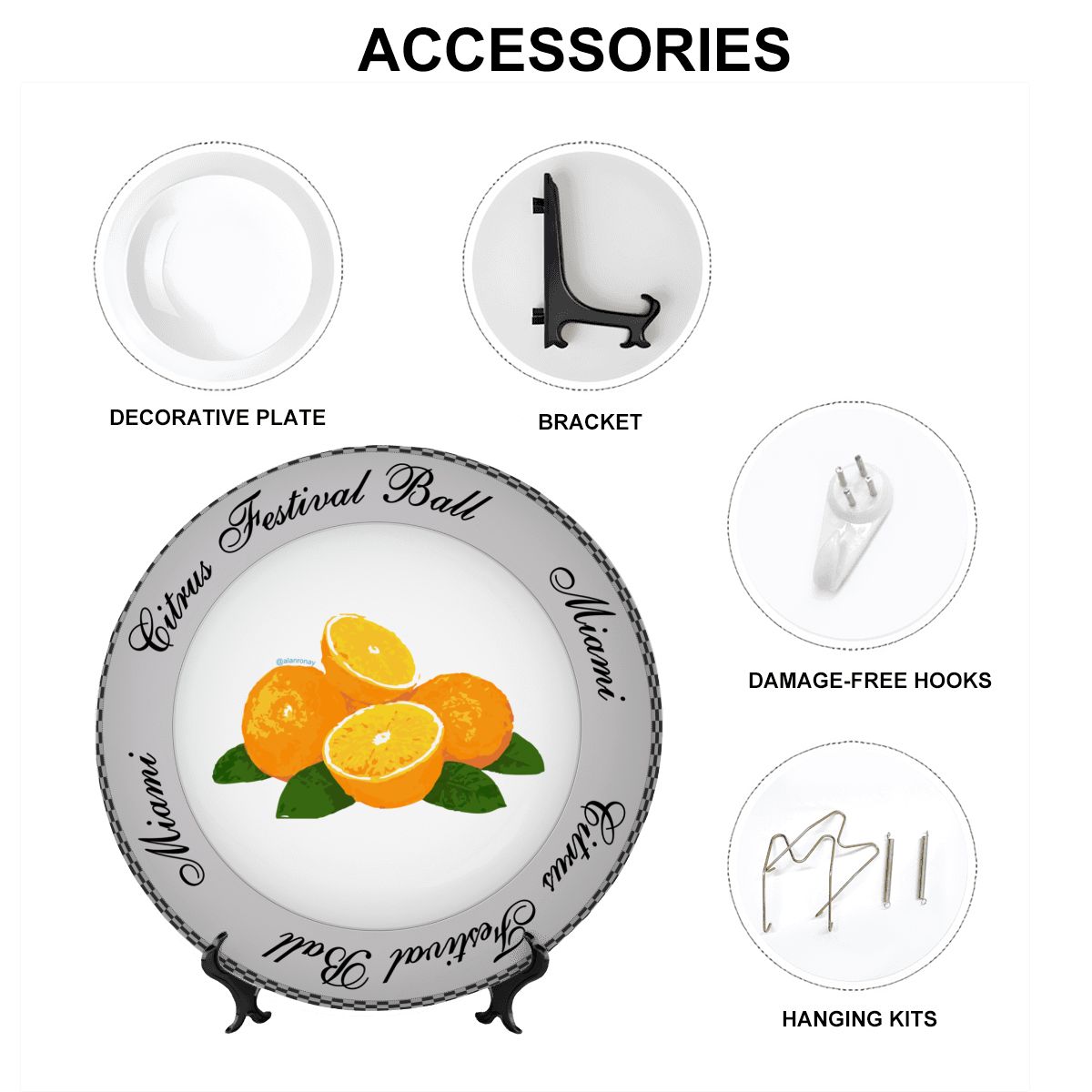 REAL CERAMIC - Citrus Festival Plate, comes with stand and hanging bracket (2 sizes available)