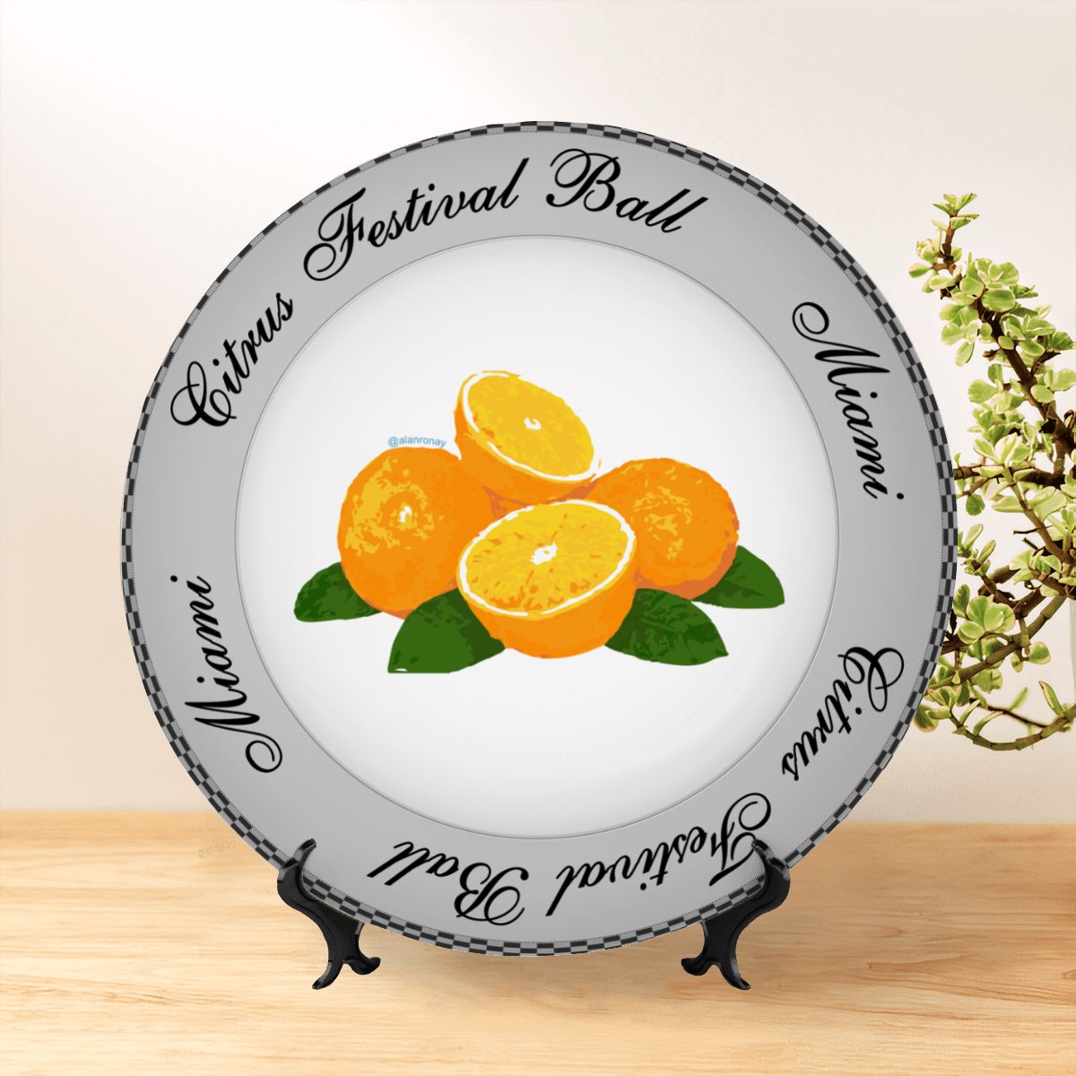 REAL CERAMIC - Citrus Festival Plate, comes with stand and hanging bracket (2 sizes available)